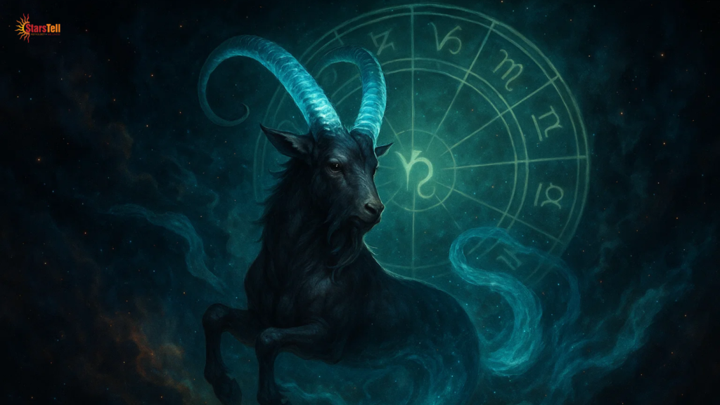 Majestic Capricorn sea-goat emerging from cosmic nebula with glowing zodiac wheel.