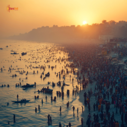 Devotees taking holy bath along a riverbank at sunset during a sacred Hindu period.