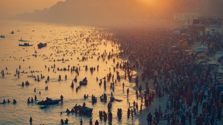 Devotees taking holy bath along a riverbank at sunset during a sacred Hindu period.