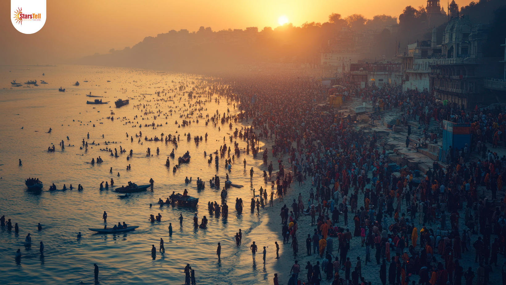 Devotees taking holy bath along a riverbank at sunset during a sacred Hindu period.