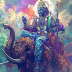 Lord Indra seated on the white celestial elephant Airavata, symbolizing power, rain, and divine kingship in Hindu mythology.