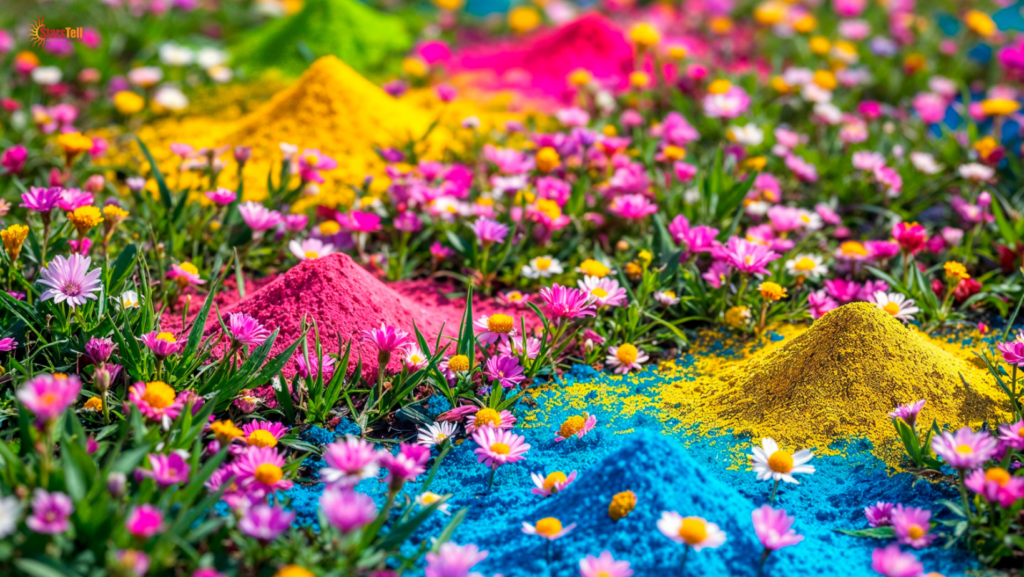 Devotees celebrating Phulera Dooj with flowers and colors while worshipping Lord Krishna and Radha in a decorated temple.
