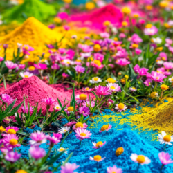 Devotees celebrating Phulera Dooj with flowers and colors while worshipping Lord Krishna and Radha in a decorated temple.
