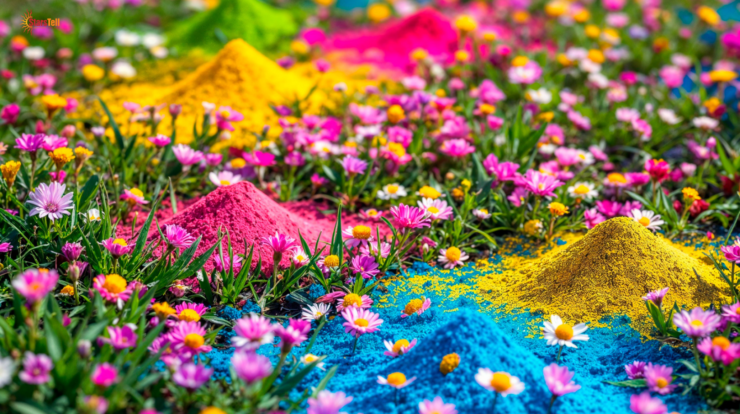 Devotees celebrating Phulera Dooj with flowers and colors while worshipping Lord Krishna and Radha in a decorated temple.
