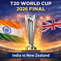 India vs New Zealand T20 World Cup 2026 Final trophy with India and New Zealand flags