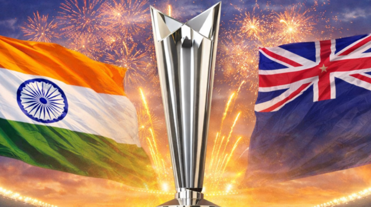 India vs New Zealand T20 World Cup 2026 Final trophy with India and New Zealand flags