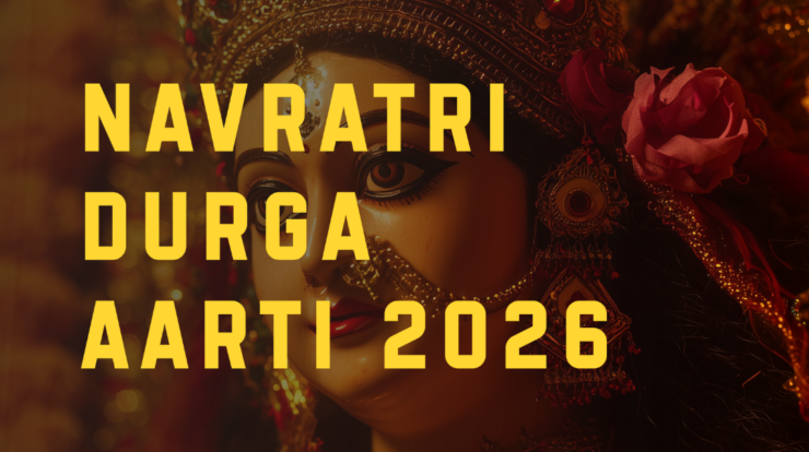 Decorated idol of Goddess Durga with crown and jewelry representing Navratri Durga Aarti 2026.