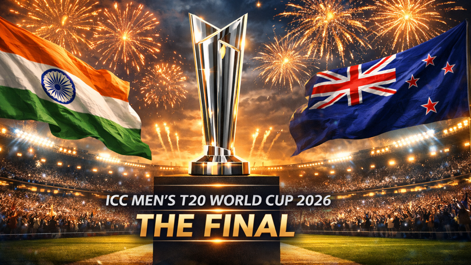 India vs New Zealand ICC Men's T20 World Cup 2026 Final trophy with fireworks and national flags in stadium
