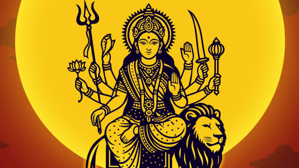 Devotees performing Maa Durga Aarti with a diya and prayer thali during the Navratri festival.