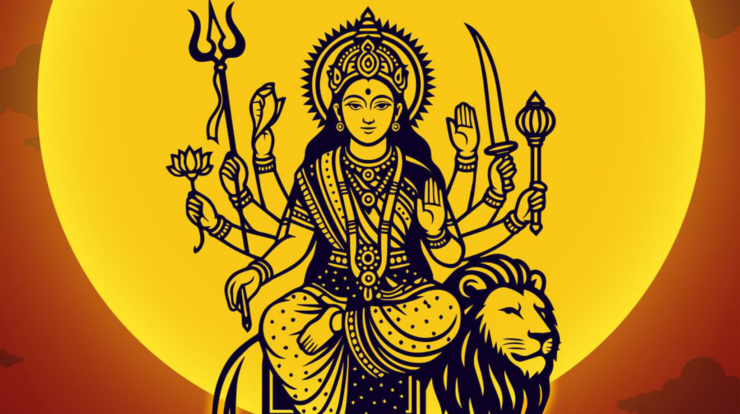 Devotees performing Maa Durga Aarti with a diya and prayer thali during the Navratri festival.