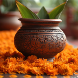 Decorated earthen kalash placed with marigold flowers and green leaves during Navratri Kalash Sthapana ritual.