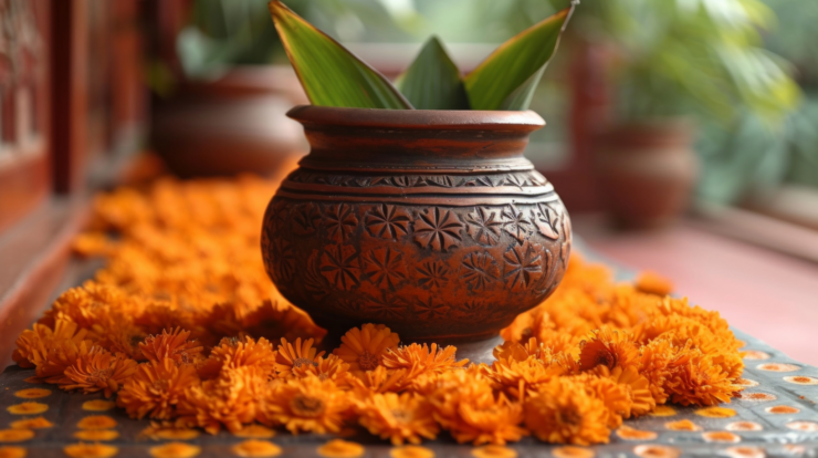 Decorated earthen kalash placed with marigold flowers and green leaves during Navratri Kalash Sthapana ritual.