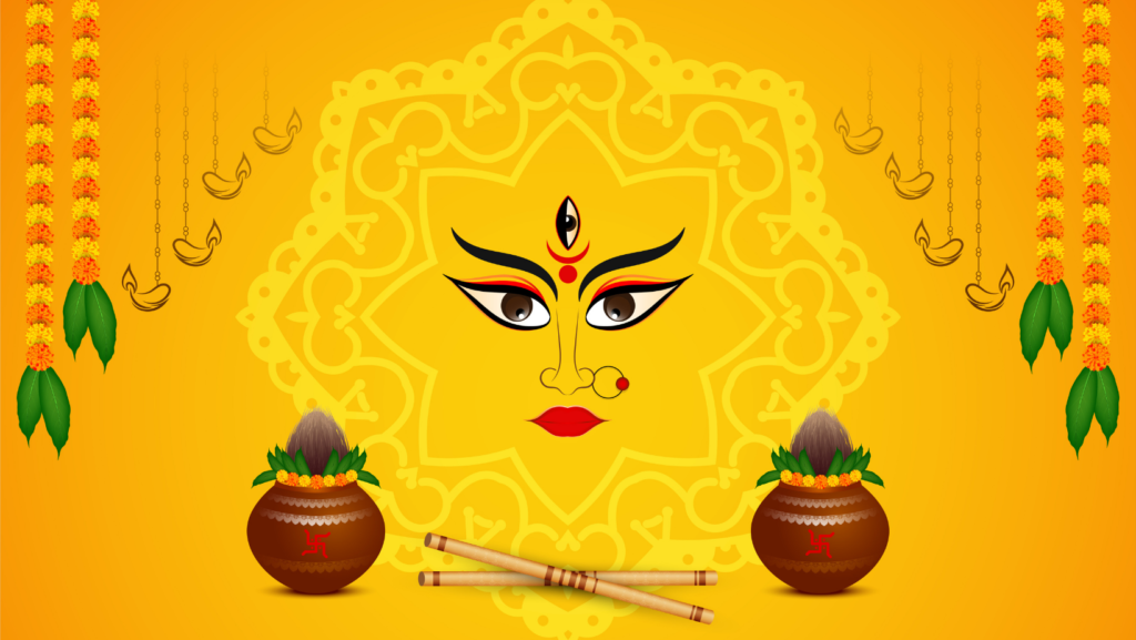 Illustration of Goddess Durga face with Kalash, coconut, mango leaves, marigold decorations, and diya lamps for Navratri Kalash Sthapna ritual