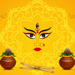 Illustration of Goddess Durga face with Kalash, coconut, mango leaves, marigold decorations, and diya lamps for Navratri Kalash Sthapna ritual