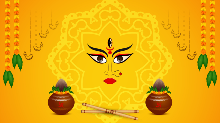Illustration of Goddess Durga face with Kalash, coconut, mango leaves, marigold decorations, and diya lamps for Navratri Kalash Sthapna ritual