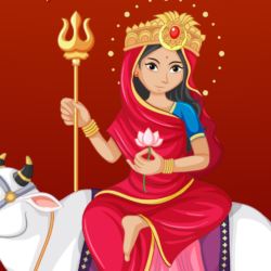Illustration of Maa Shailputri seated on a bull holding a trishul and lotus, representing Navratri Day 1