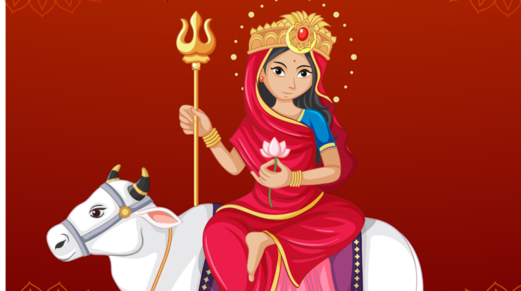 Illustration of Maa Shailputri seated on a bull holding a trishul and lotus, representing Navratri Day 1