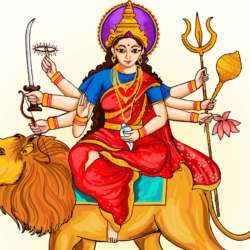 Illustration of Goddess Chandraghanta seated on a lion with ten arms holding weapons and a lotus, symbolizing courage and strength during Navratri