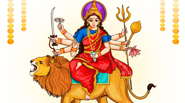 Illustration of Goddess Chandraghanta seated on a lion with ten arms holding weapons and a lotus, symbolizing courage and strength during Navratri