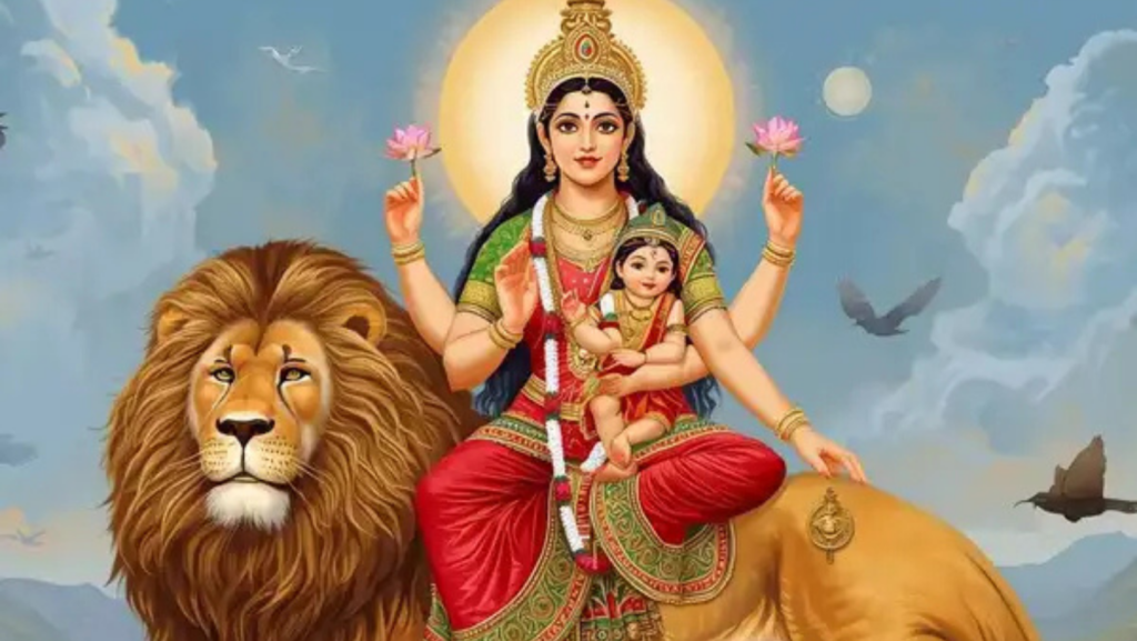 Maa Skandamata seated on a lion with baby Lord Skanda in her lap, holding lotus flowers and blessing devotees during Navratri