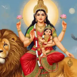 Maa Skandamata seated on a lion with baby Lord Skanda in her lap, holding lotus flowers and blessing devotees during Navratri