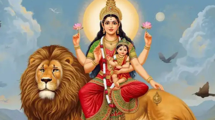 Maa Skandamata seated on a lion with baby Lord Skanda in her lap, holding lotus flowers and blessing devotees during Navratri