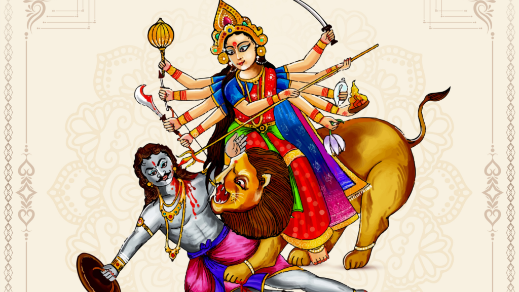 Illustration of Maa Katyayani riding a lion and killing demon Mahishasura with multiple arms holding weapons during Navratri