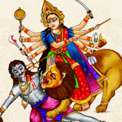 Illustration of Maa Katyayani riding a lion and killing demon Mahishasura with multiple arms holding weapons during Navratri
