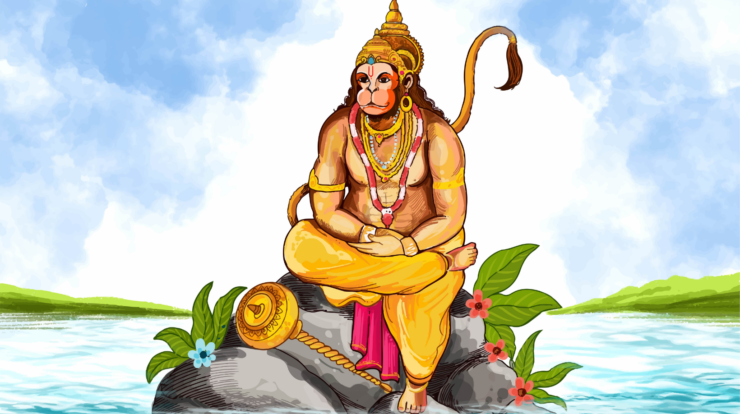 Devotees chanting Hanuman Chalisa in front of Lord Hanuman idol for peace and planetary balance