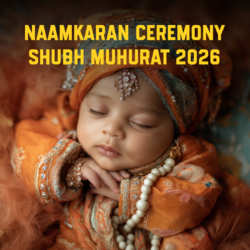 Newborn baby dressed in traditional attire for Naamkaran ceremony with Shubh Muhurat 2026 text overlay