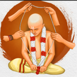 Boy undergoing Upnayana ceremony with Janeu being placed during Upanayan Sanskar ritual