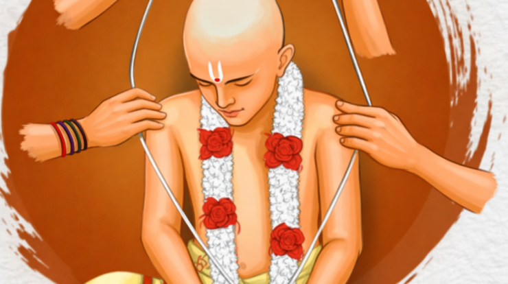 Boy undergoing Upnayana ceremony with Janeu being placed during Upanayan Sanskar ritual