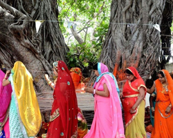 Married women performing Vat Savitri Vrat by worshipping a banyan tree, tying sacred threads, and offering prayers for their husband’s long life.