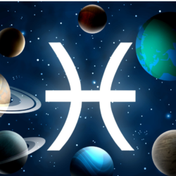 Pisces zodiac symbol surrounded by planets in space representing Saturn, Mars, and Mercury transit in April 2026.