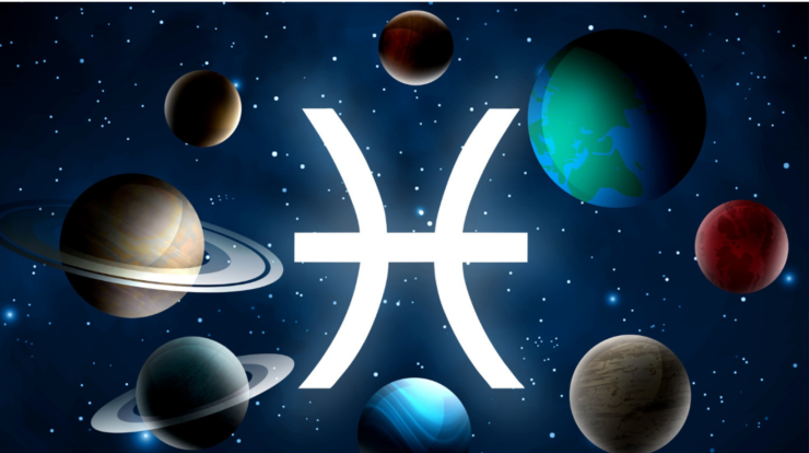 Pisces zodiac symbol surrounded by planets in space representing Saturn, Mars, and Mercury transit in April 2026.