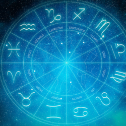 Zodiac wheel with all 12 astrological signs against a starry blue cosmic background representing Monthly horoscope May 2026