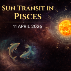 Sun Transit into Pisces on 11 April 2026 with glowing sun, zodiac wheel and Pisces fish in a cosmic background