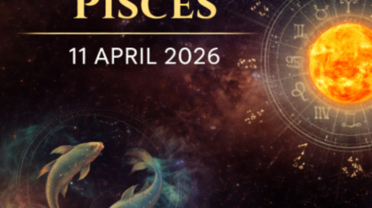 Sun Transit into Pisces on 11 April 2026 with glowing sun, zodiac wheel and Pisces fish in a cosmic background