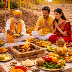 Bhumi Pujan ceremony with priest performing havan and couple praying at construction site