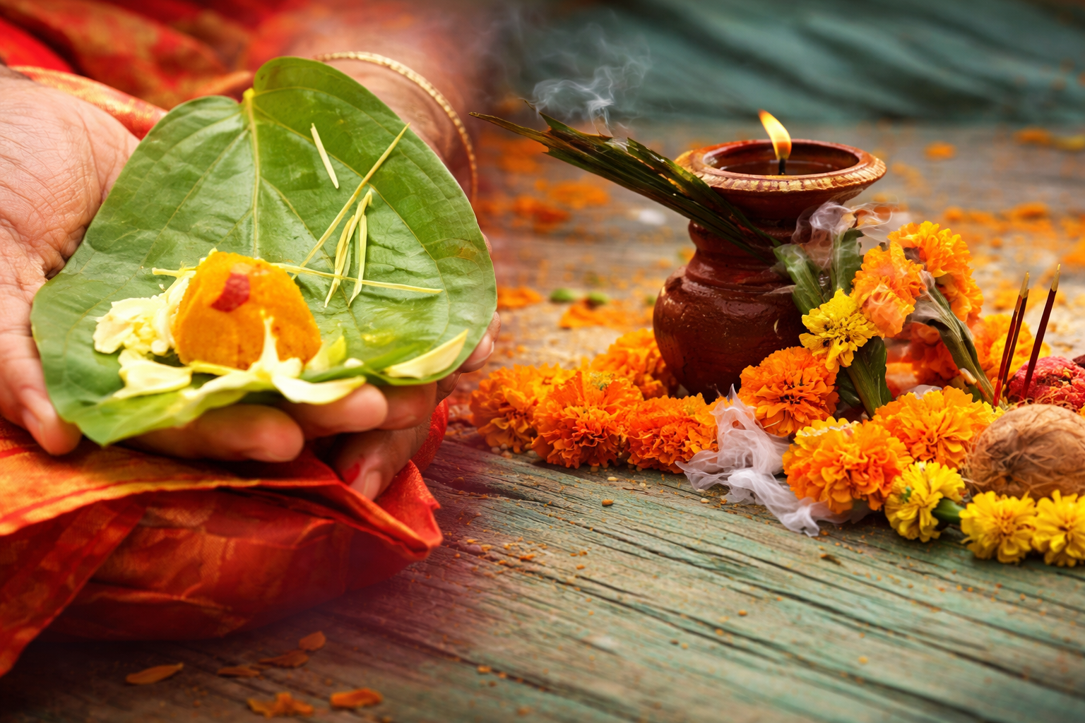 Close-up of a traditional Bhumi Pujan ritual setup with a hand holding a betel leaf containing turmeric, rice, and flowers, alongside a clay pot with a lit diya, marigold garlands, and incense on a wooden surface.
