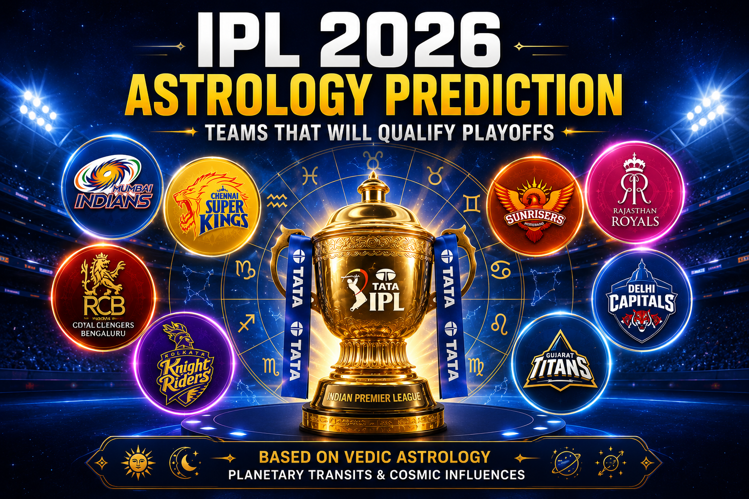 Landscape IPL 2026 astrology banner featuring the IPL trophy in the center surrounded by team logos with a glowing zodiac background inside a cricket stadium.