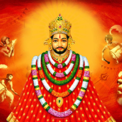 Shri Khatu Shyam Ji idol adorned with flowers and lights in the temple, depicting devotion and spiritual atmosphere.