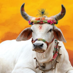 A high-fidelity, 4k resolution photograph of a majestic white bull resting on the ground against a vibrant orange and yellow sunset sky. The bull is decorated with a colorful floral headpiece, a peacock feather, a red tilak on its forehead, and a traditional bell necklace.
