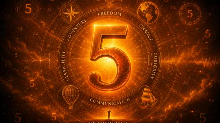 A glowing orange numerology-themed illustration featuring the number 5 at the center, surrounded by cosmic symbols, circular patterns, and words representing freedom, adventure, communication, and change.
