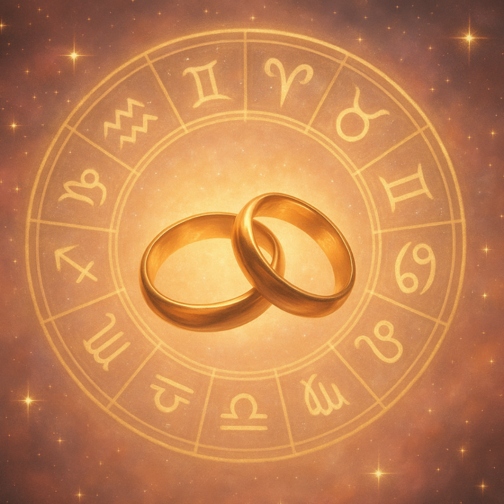 Illustration of two connected silhouettes with cosmic energy, zodiac symbols, and a heart representing karmic love and the spiritual bond of a karmic relationship.