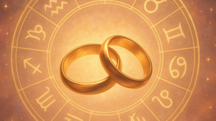 Illustration of two connected silhouettes with cosmic energy, zodiac symbols, and a heart representing karmic love and the spiritual bond of a karmic relationship.