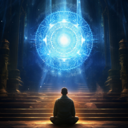 A person meditating peacefully with glowing light around them, symbolizing spiritual awakening, inner transformation, mindfulness, and higher consciousness.